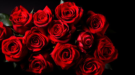 Bouquet of red roses on a black background, top view. Beautiful flowers close up. Floral background