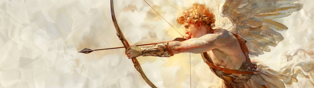 Watercolour oil painting of Cupid the Roman god of love who's Greek equivalent is Eros, for use as a Valentine Day's card or flyer, stock illustration image