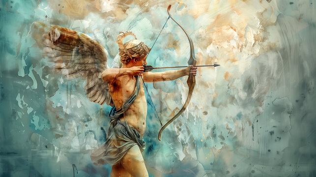 Watercolour oil painting of Cupid the Roman god of love who's Greek equivalent is Eros, for use as a Valentine Day's card or flyer, stock illustration image 