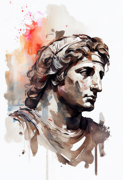 Watercolour painting of Alexander the Great who was the son of Phillip II the king of Macedonia who became a great brave military leader, stock illustration image
