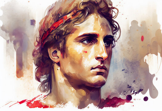 Watercolour painting of Alexander the Great who was the son of Phillip II the king of Macedonia who became a great brave military leader, stock illustration image