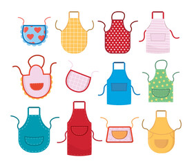 aprons kitchen set. domestic kitchenware fashion, minimalistic simple flat cartoon aprons with patterns. vector cartoon items collection.