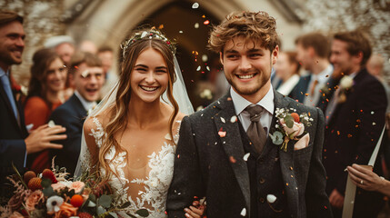 Bride and groom joyfully exiting ceremony with confetti shower. Post-ceremony celebration with vibrant confetti and happy guests. Festive wedding exit concept for greeting card and poster design.