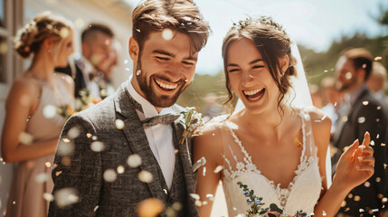 Bride and groom joyfully exiting ceremony with confetti shower. Post-ceremony celebration with vibrant confetti and happy guests. Festive wedding exit concept for greeting card and poster design.