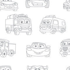 color book cars pattern. logo label print patch or stickers, black and white outlined flat simple vehicle van golf microcars. vector seamless pattern.