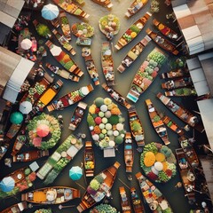 An aerial shot captures the vibrant chaos of a floating market, with boats brimming with fresh produce navigating the intertwined waterways. The bustling trade scene showcases a rich tapestry of