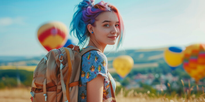 Summer active rest, adventure. Traveling teen girl standing in front of hills with colourful aerostats in sky.