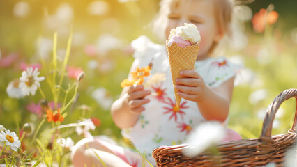 Childhood, happy summer moments. Toddler little girl sitting in field of flowers eating ice cream cone in summer. - 774754315