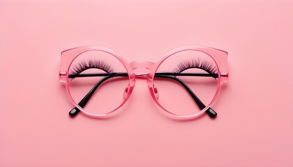 Creative layout with pink eyeglasses and false eyelashes on pastel pink background. 80s or 90s retro fashion aesthetic concept. Minimal romantic makeup idea.