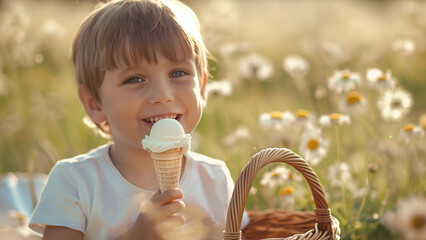 Young boy eating ice cream cone in field of flowers in summer - 774754347