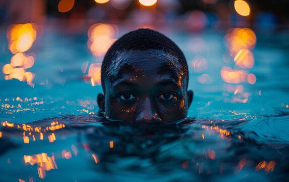 A man is swimming in a pool with his head underwater. The water is dark blue and the man's face is visible. The image has a moody and mysterious feel to it