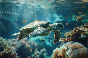 Obraz premium Green sea turtle swimming on coral reef. Underwater world