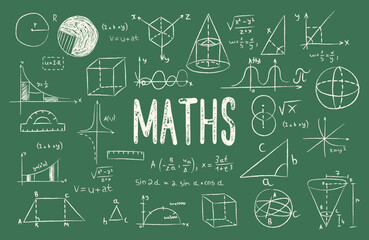 Maths doodle with formulas, numbers and objects. School lesson math, numbers, formulas, graphics, equations. Concept of education and home-based online learning. Hand drawn illustration. - obrazy, fototapety, plakaty