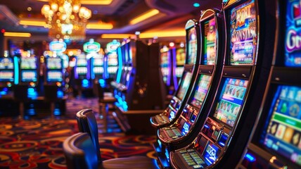 Slot machines in a row at a casino - A vibrant image showcasing a row of colorful slot machines, capturing the essence of casino gaming excitement - obrazy, fototapety, plakaty