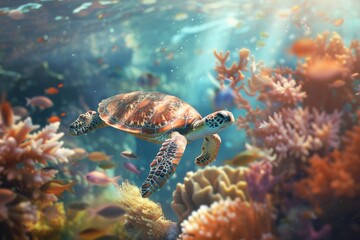 Fototapeta na wymiar Green sea turtle swimming on coral reef. Underwater world