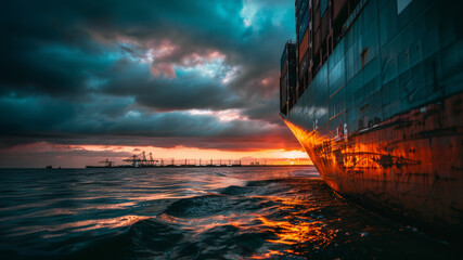navire porte-conteneurs arrivant dans un port le soir au soleil couchant
