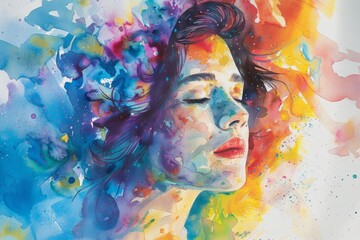 Abstract watercolor painting with vibrant hues - Abstract watercolor art showcasing a blend of vibrant colors with a dynamic, fluid sense of movement and emotion, excluding the blurred face - obrazy, fototapety, plakaty