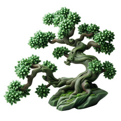 Stylized 3D Illustration of a bonsai green tree three-dimensional isolated in a transparent background. 
