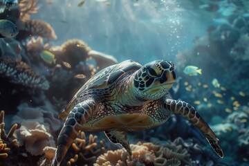 Obraz na płótnie Canvas Green sea turtle swimming in coral reef. Underwater photo of marine life.