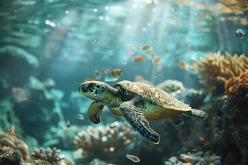 Green sea turtle swimming in coral reef. Underwater photo of marine life.