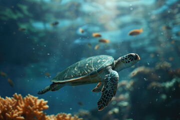 Fototapeta premium Green sea turtle swimming in coral reef. Underwater photo of marine life.