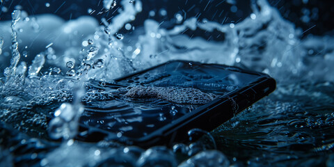Splashproof water-resistant and waterproof smartphone under water graphic - obrazy, fototapety, plakaty
