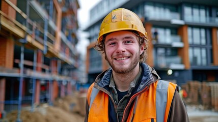 This portrait shows a happy bricklayer at a construction site. Content bricklayer donning a safety jacket and helmet. - obrazy, fototapety, plakaty