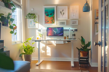 Ergonomic home office with standing desk and motivational posters