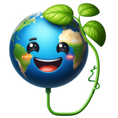 Green Earth Cartoon Emoji Planet with Sprout Smiling Face of 3D Planet Icon. Plantation Theme, Save Green Planet Concept. Earth Day, ecology, nature, and environment conservation concept. 