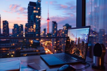 Fototapeta na wymiar Freelancer video conferencing with city skyline backdrop
