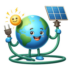 Renewable Green Energy and Innovation Solar Energy Icon. Green Earth Cartoon Emoji Planet with Sprout Smiling Face of 3D Planet Icon and Solar Panel.