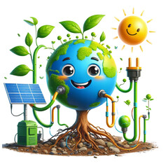 Renewable Green Energy and Innovation Solar Energy Icon. Green Earth Cartoon Emoji Planet with Sprout Smiling Face of 3D Planet Icon and Solar Panel.
