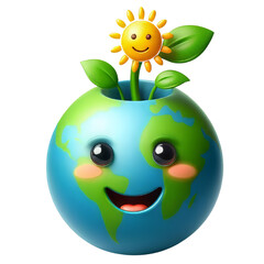 Green Earth Cartoon Emoji Planet with Sprout Smiling Face of 3D Planet Icon. Plantation Theme, Save Green Planet Concept. Earth Day, ecology, nature, and environment conservation concept. 