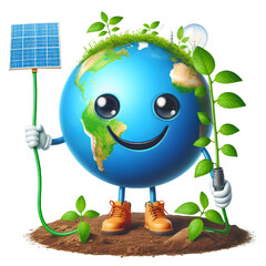 Renewable Green Energy and Innovation Solar Energy Icon. Green Earth Cartoon Emoji Planet with Sprout Smiling Face of 3D Planet Icon and Solar Panel.
