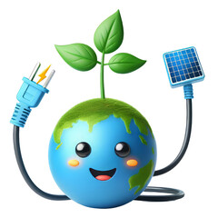 Renewable Green Energy and Innovation Solar Energy Icon. Green Earth Cartoon Emoji Planet with Sprout Smiling Face of 3D Planet Icon and Solar Panel.