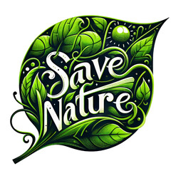 Eco-friendly symbol. Save Nature Stop Deforestation with text Save life, Save Nature on Geen Leaves. Green Planet Concept. Earth Day, ecology, nature, and Environment Plantation concept
