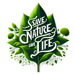 Eco-friendly symbol. Save Nature Stop Deforestation with text Save life, Save Nature on Geen Leaves. Green Planet Concept. Earth Day, ecology, nature, and Environment Plantation concept
