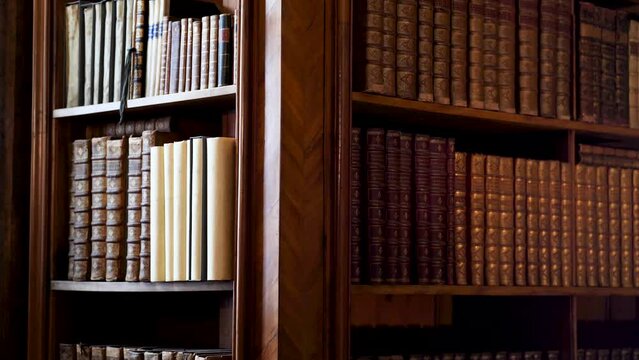 Austria. Vein. September 2023: Austrian State Library. State Hall or the Prunksaal. Osterreichische National bibliothek. We look at the books standing on the shelves in the ancient library.
