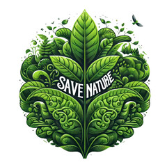 Eco-friendly symbol. Save Nature Stop Deforestation with text Save life, Save Nature on Geen Leaves. Green Planet Concept. Earth Day, ecology, nature, and Environment Plantation concept
