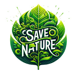 Eco-friendly symbol. Save Nature Stop Deforestation with text Save life, Save Nature on Geen Leaves. Green Planet Concept. Earth Day, ecology, nature, and Environment Plantation concept
