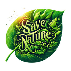 Eco-friendly symbol. Save Nature Stop Deforestation with text Save life, Save Nature on Geen Leaves. Green Planet Concept. Earth Day, ecology, nature, and Environment Plantation concept
