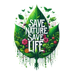 Eco-friendly symbol. Save Nature Stop Deforestation with text Save life, Save Nature on Geen Leaves. Green Planet Concept. Earth Day, ecology, nature, and Environment Plantation concept
