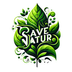 Eco-friendly symbol. Save Nature Stop Deforestation with text Save life, Save Nature on Geen Leaves. Green Planet Concept. Earth Day, ecology, nature, and Environment Plantation concept
