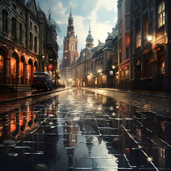 Rainy day cityscape with reflections on the pavement - obrazy, fototapety, plakaty