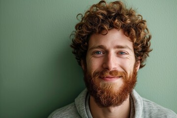 Portrait of a handsome young man with long curly hair and beard - obrazy, fototapety, plakaty