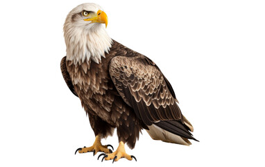 A majestic bald eagle confidently stands on a clean white background