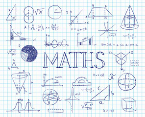 Maths doodle with formulas, numbers and objects. Concept of education and home-based online learning. School lesson math, numbers, formulas, graphics, equations. Hand drawn illustration.