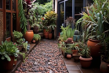 Fototapeta na wymiar Succulent Garden Oasis: Urban Jungle Patio Designs with Terracotta Pots and Gravel Path