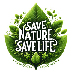 Eco-friendly symbol. Save Nature Stop Deforestation with text Save life, Save Nature on Geen Leaves. Green Planet Concept. Earth Day, ecology, nature, and Environment Plantation concept
