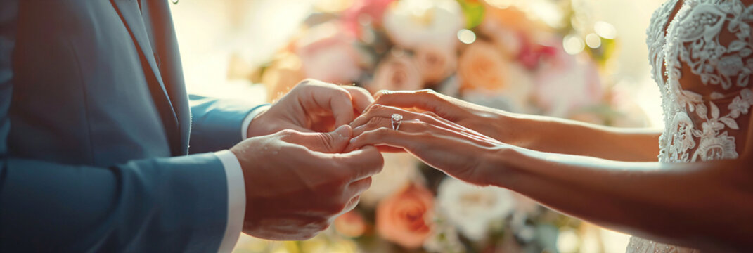 Bride and groom exchanging wedding rings, focused on hands. Wedding ceremony and love concept. Candid moment with natural light for design of wedding invitations and photo albums